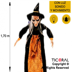 MUECA BRUJA NARANJA Y NEGRA CON LUZ MOVIMIENTO Y SONIDO 123 CM HALLOWEEN X 1